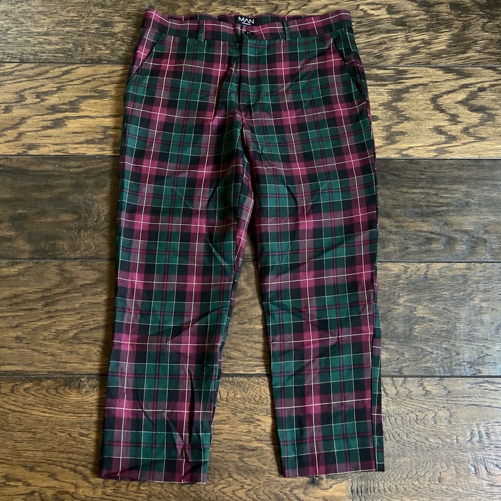 Boohooman Plaid Men's Pants - Green and burgundy